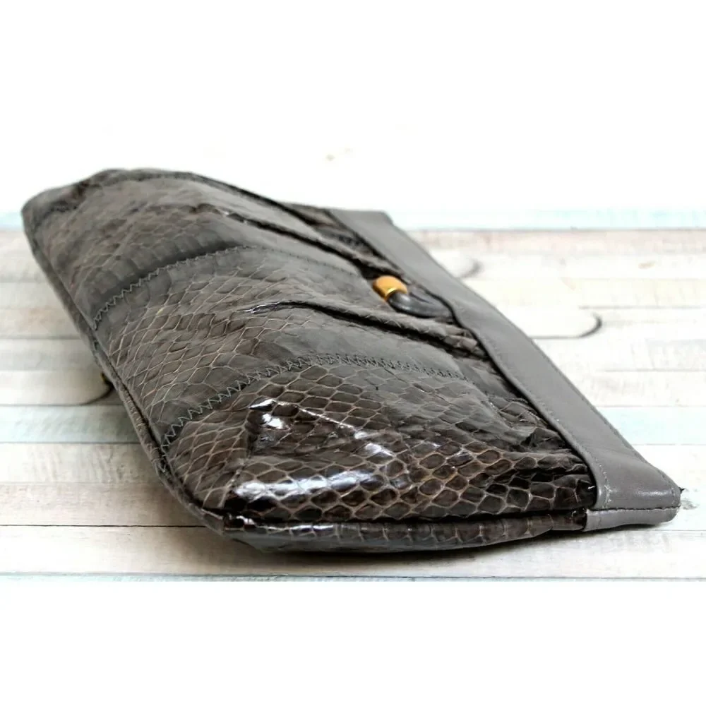 VTG MARGOLIN OLIVE GRAY SNAKE GENUINE LEATHER CHAIN CLUTCH ENVELOPE SHOULDER BAG